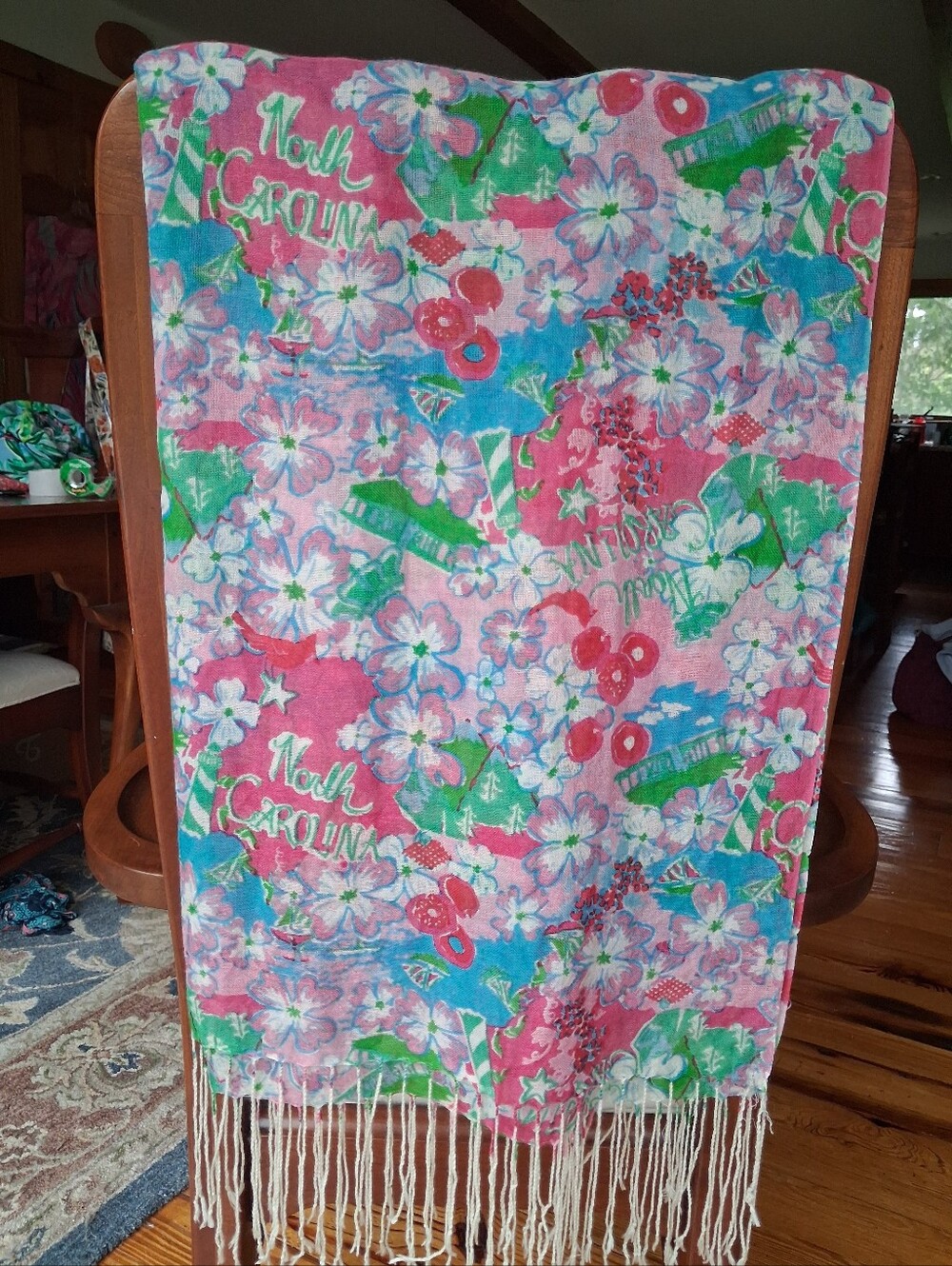 Lilly Pulitzer Murfee Scarf "Lilly Loves North Carolina" silk/cashmere EUC!